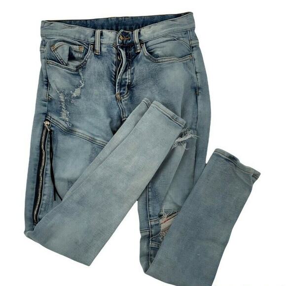 Dope Jeans Women Sz 28 Skinny Acid Wash Distressed Patches Side Leg Zipper Denim - Picture 6 of 12